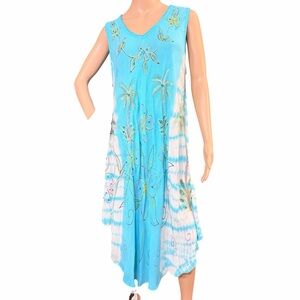 Island Beach Tie Dye Embroidered Boho Midi Dress Rayon Sharkbite L XL